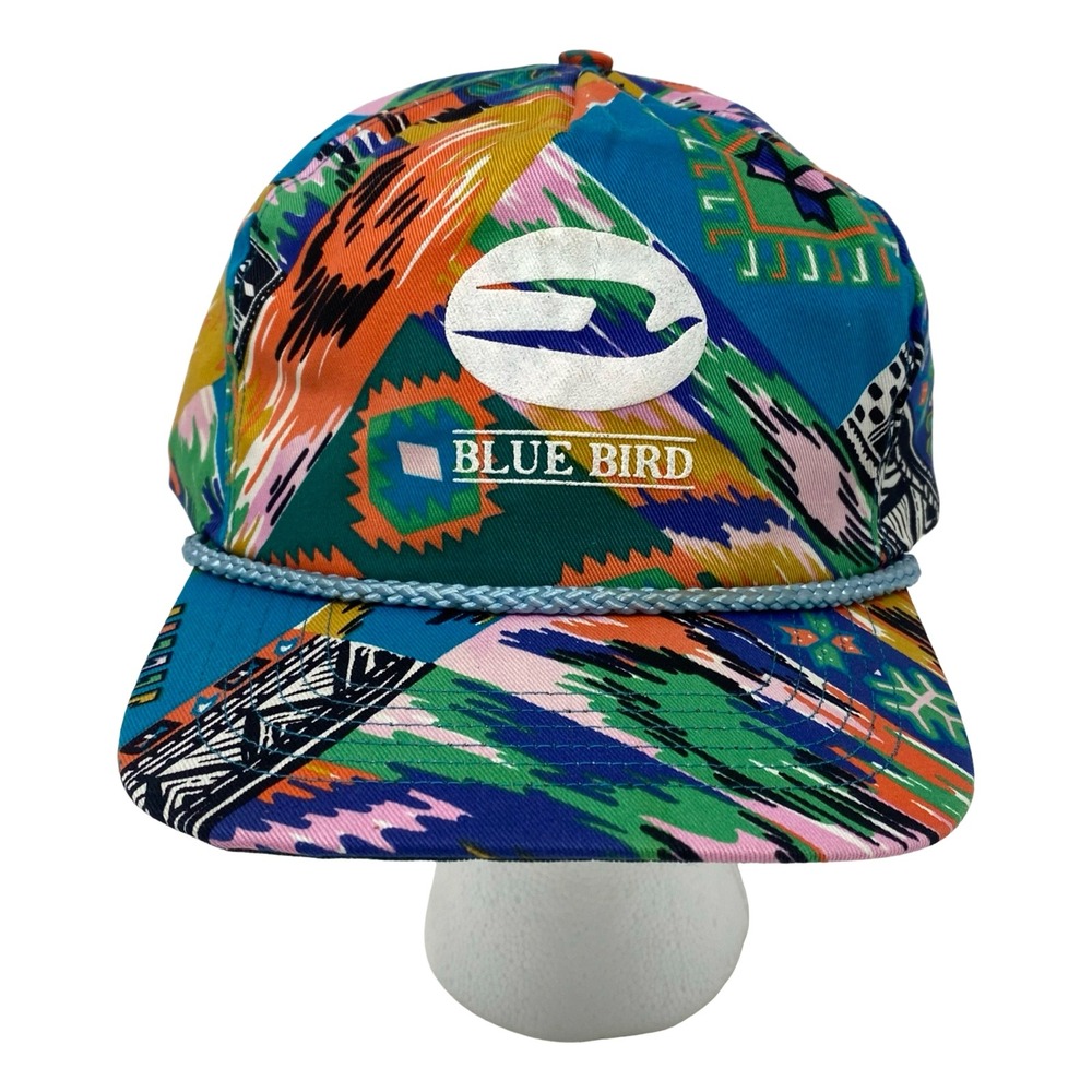 Vintage Blue Bird San Sun Snapback Hat Multi Color Geometric Rope Cap 90s Mens
